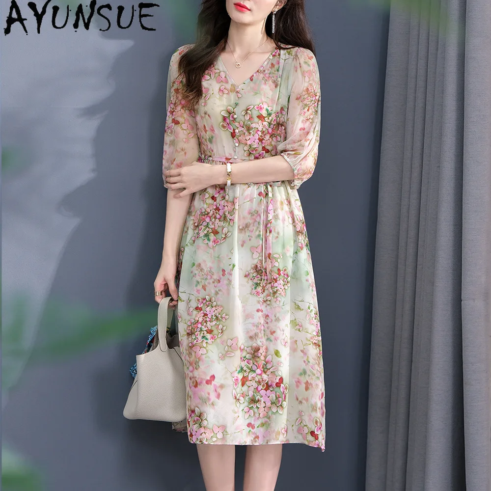 

AYUNSUE 100% Natural Mulberry Silk Dresses for Women Clothes V-Neck Print Elegant Dress 2025 High Quality Lace-up Jupe Femmes
