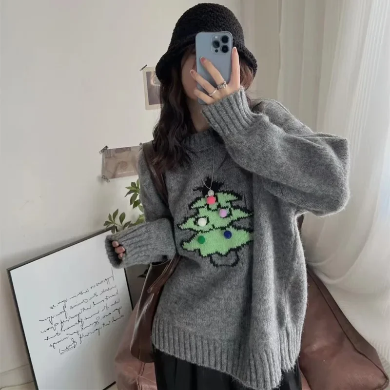 DAYIFUN-Women's Retro Christmas Tree Design Knitted Pullovers Loose Lazy Style Versatile Tops Autumn Winter Sweaters New Jumpers