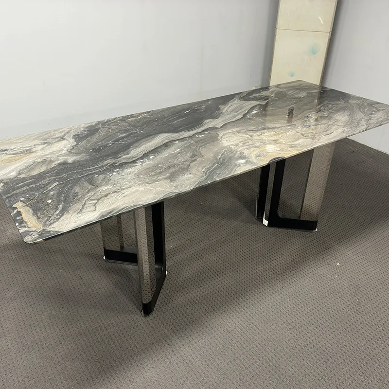 Marble dining table Brown luxury stone countertop Stainless steel legs Rectangle
