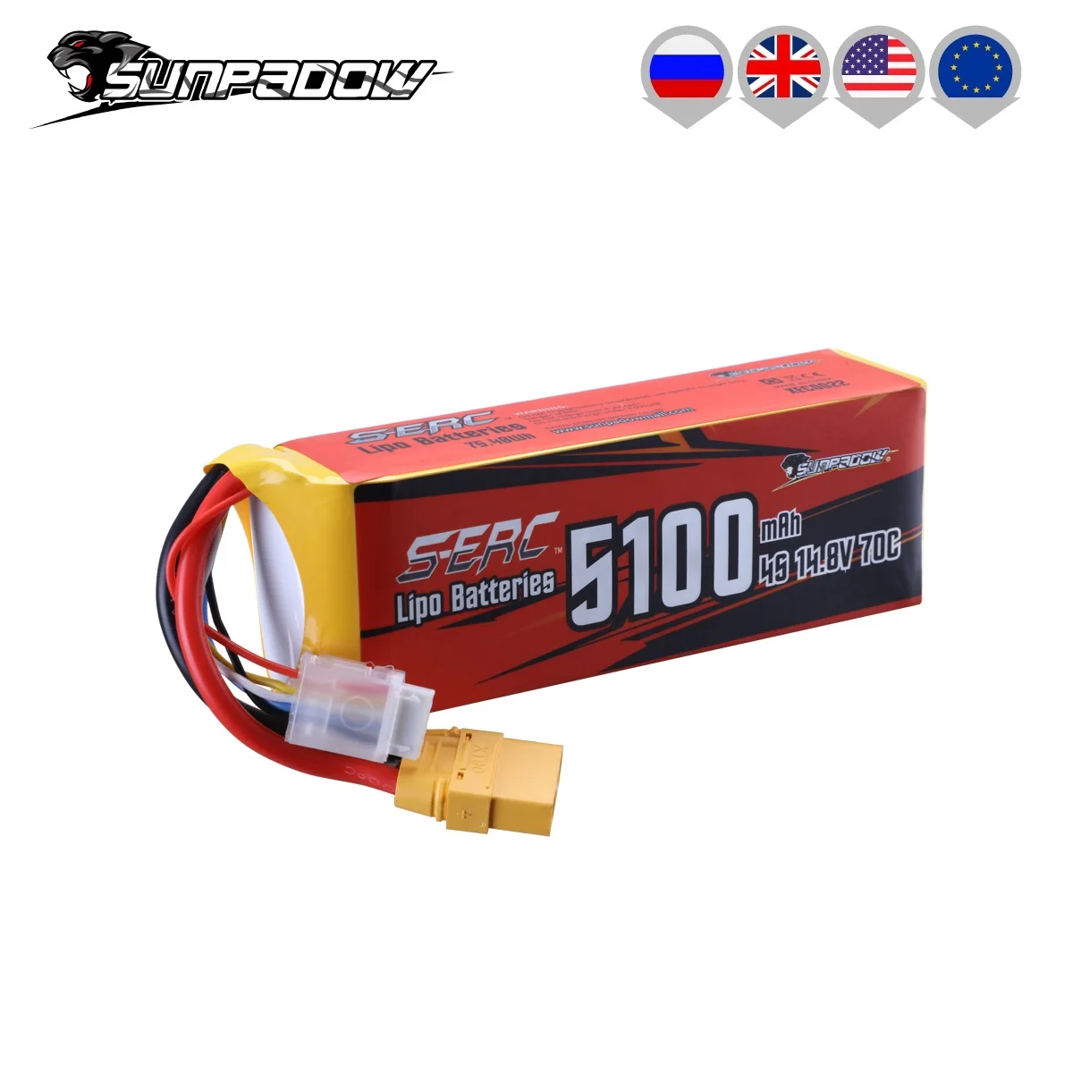 SUNPADOW 5100mAh 4S Lipo Battery for 14.8V 70C with XT90 Connector RC Airplane Aircraft Quadcopter Drone FPV Helicopter