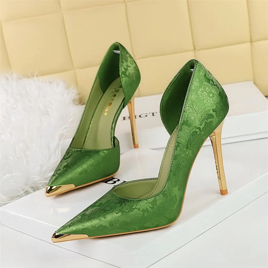 BIGTREE Shoes Blue Red Wedding Women Pumps New Metal Pointed Toe Soft Silk Fashion Stiletto High Heels Party Ladies Office Shoes