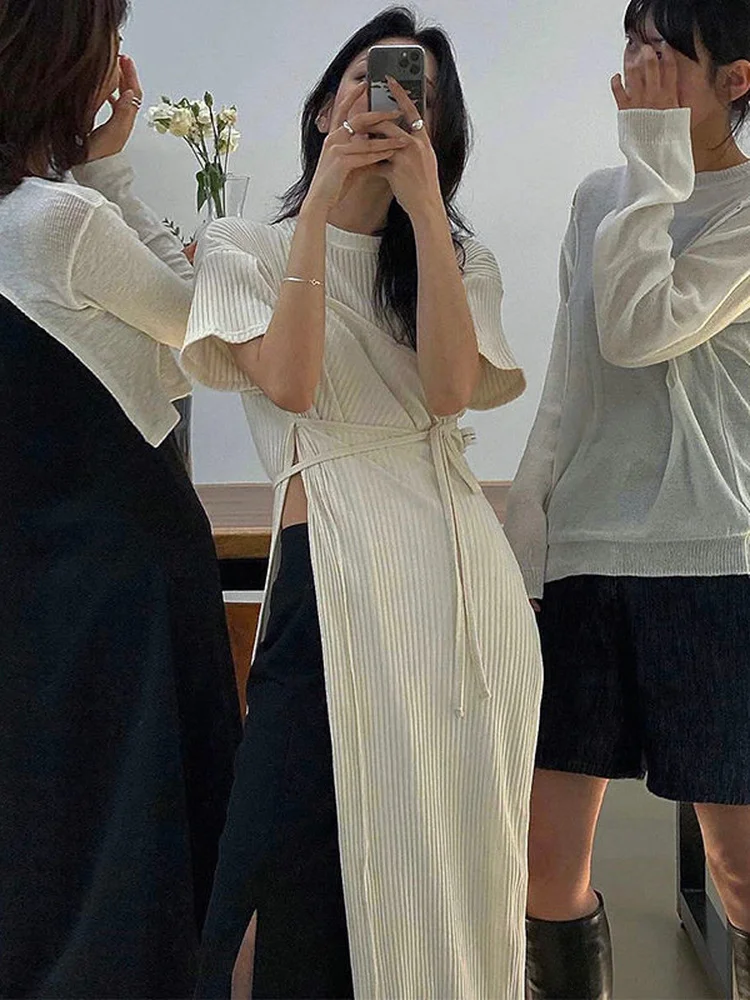 2025 الصيف الكورية موضة ضمادة سبليت الجانب تي شيرت طويل فستان المرأة-الرقبة عادية Y2k مثير غير المتكافئة تي شيرت فساتين Vestido