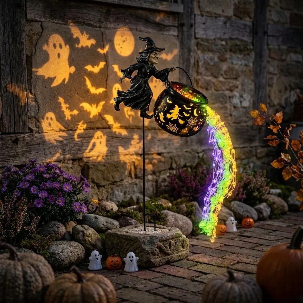 LED Halloween Witch Cauldron Stake Light Colorful Outdoor Yard Decor With Shadow Projection Effects For Lawn And Walkway