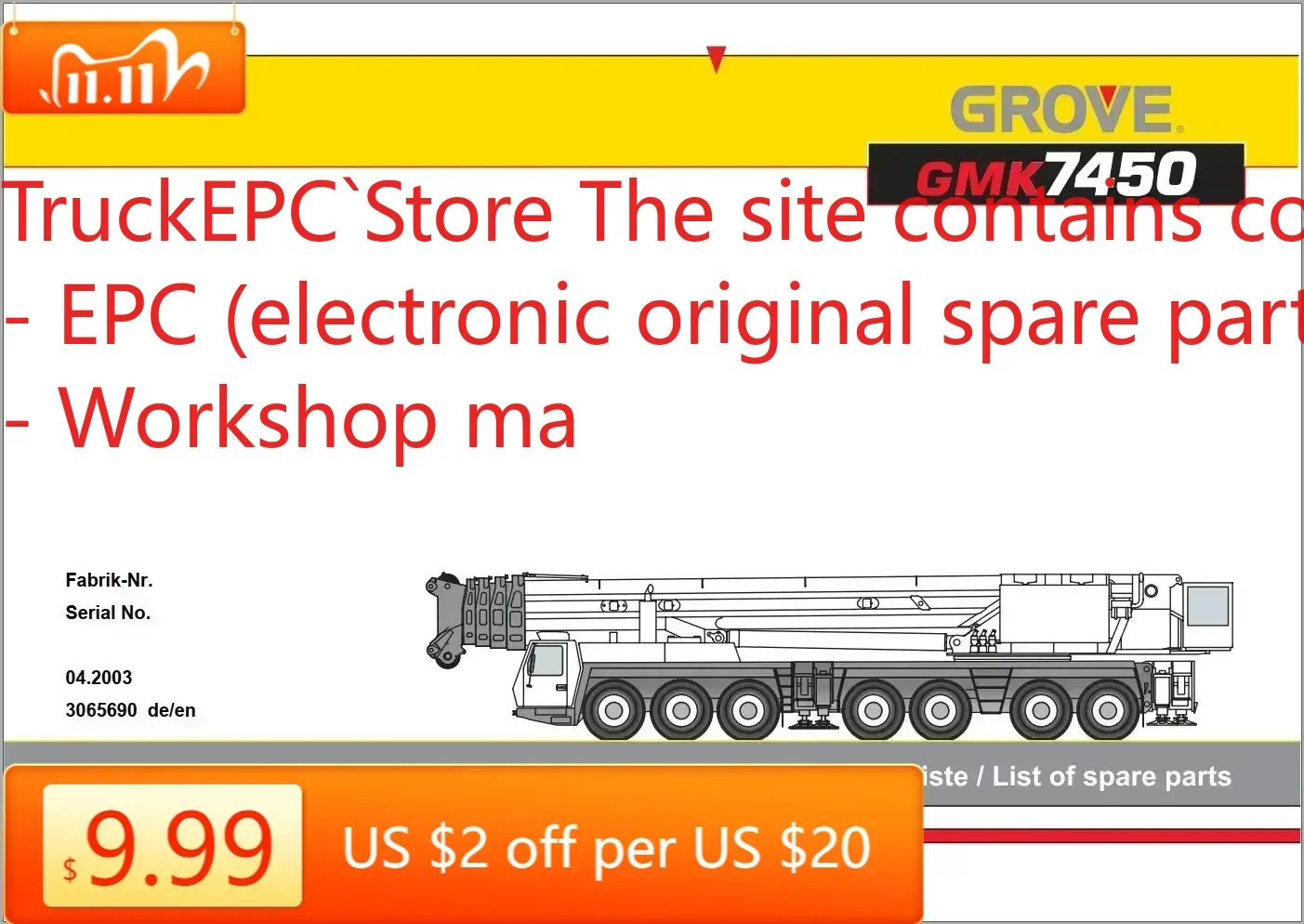 

TruckEPC Grove GMK Crane 2023, руководство по каталогу запасных частей PDF EN DE