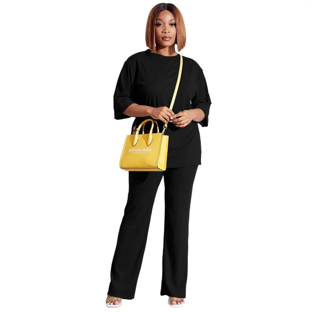 

Split Cropped Sleeve T-shirt And Loose Straight Drop Pants Two-Piece Set 10168 Europe And America Style