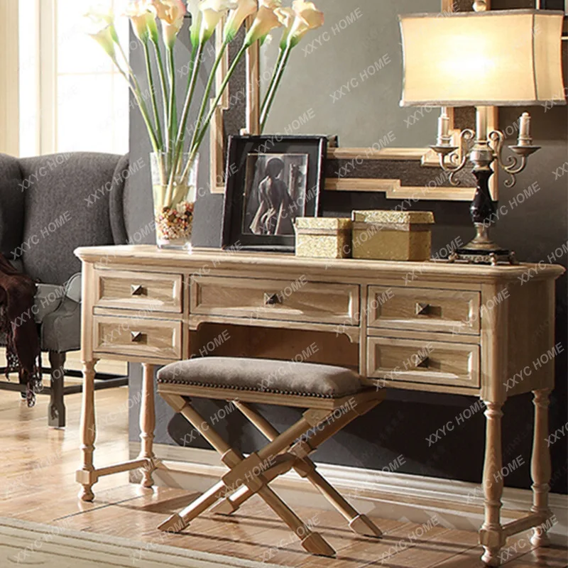 XX Country Style Solid Wood Desk  Vintage Distressed Architectural Revival Oak Carved Dressing Table