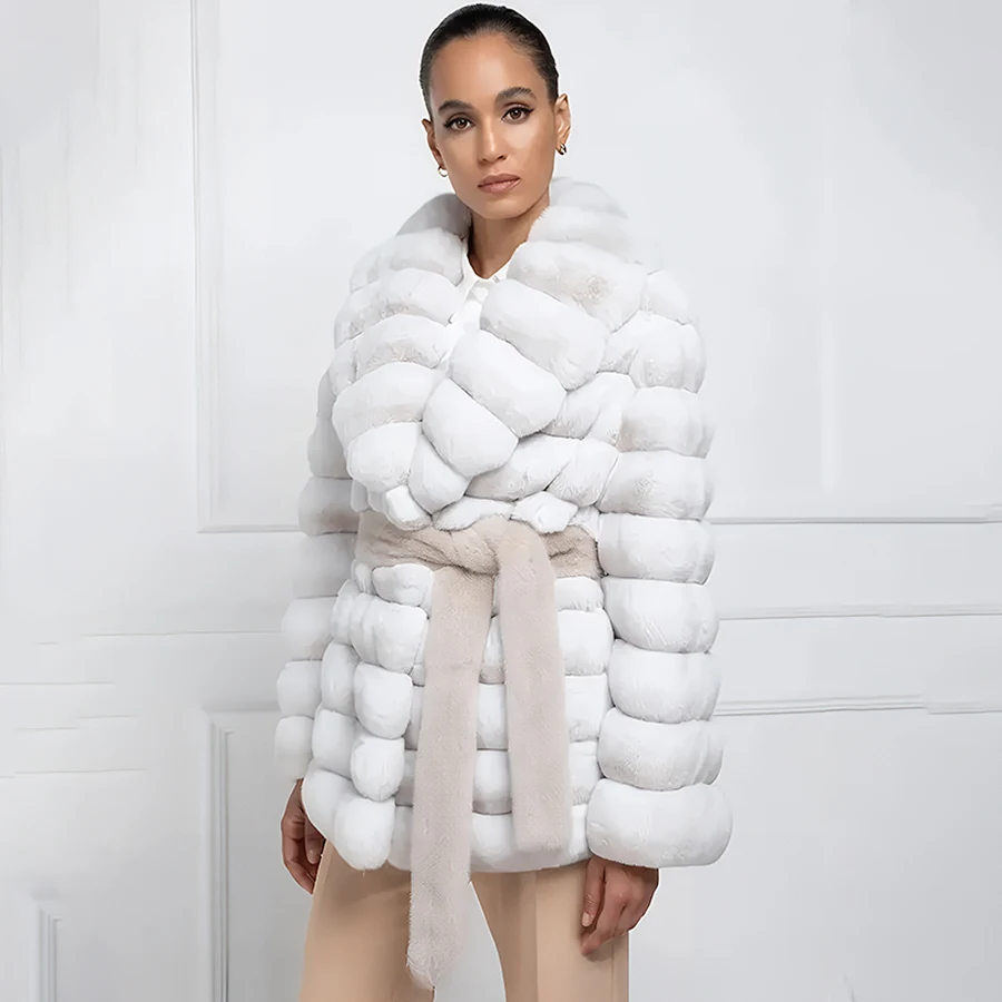 

Rabbit Jacket For Women Natural Rabbit Fur Coats With Belt Shawl Collar Chinchilla Rex Rabbit Fur Coat Warm Winter Clothes