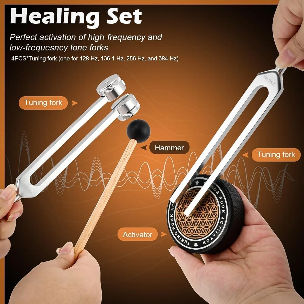 

ABHS-Tuning Fork Set For Healing(128Hz, 136.1Hz, 256Hz, 384Hz), Portable With Reflex Hammer& Leather Pouch Sound