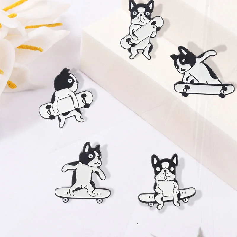 White Spotted Dog Pin Lapel Badge Bag Cartoon Jewelry Gift for Kid Friend Skateboard Motion Dogs Enamel Brooch Custom Black And