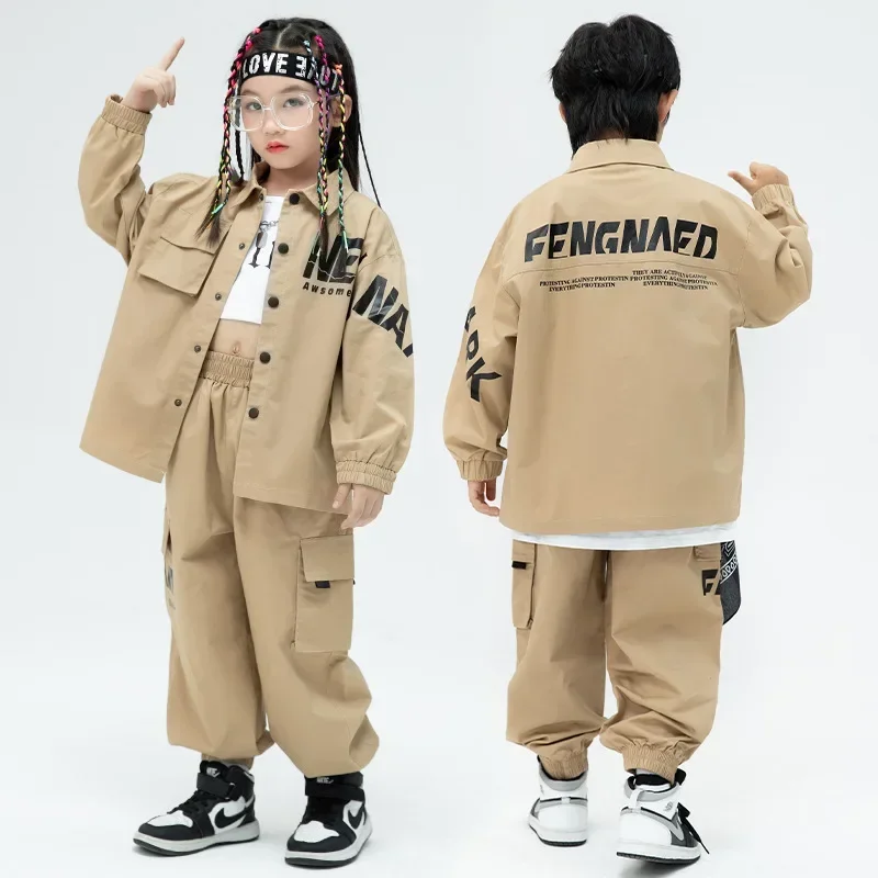 

Kid Kpop Hip Hop Clothing Khaki Shirt Jacket Casual Streetwear Cargo Jogger Pants for Girl Boy Jazz Dance Costume Clothes Set