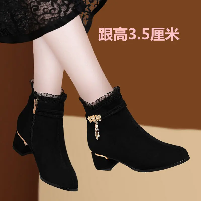 FHANCHU Fashion Women Flock Ankle Boots,Mid Heeels Winter Shoes,Lace Short Botas,Round Toe,Side Zip,Black,Dropship