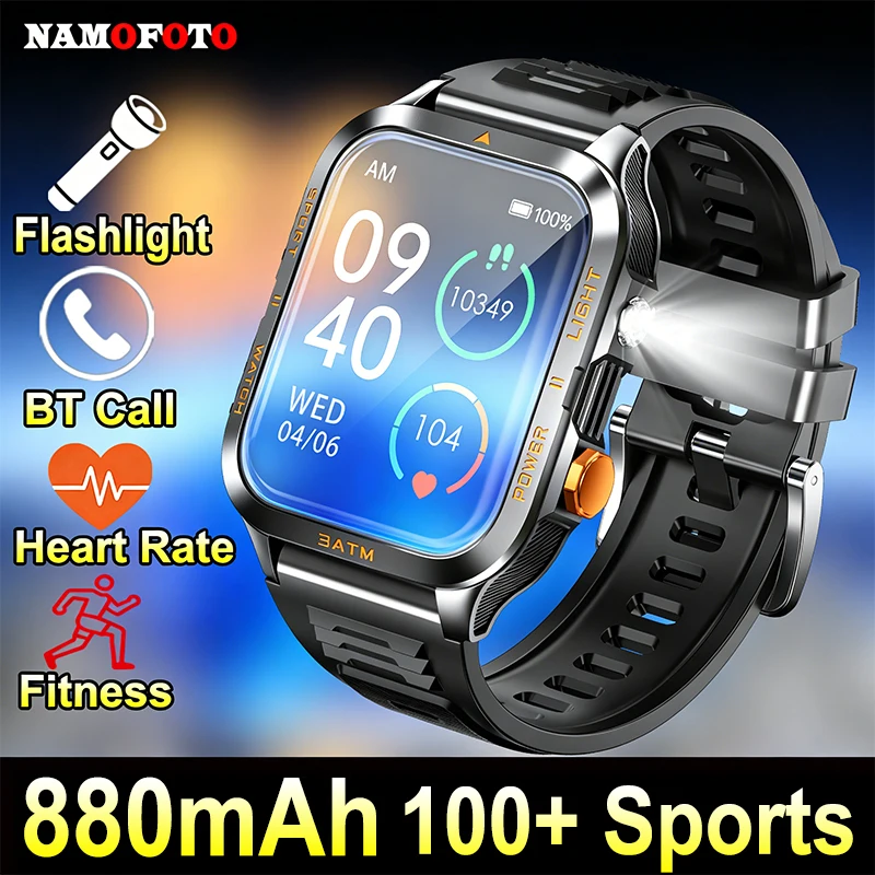 

Смарт-часы для мужчин и женщин для занятий спортом на открытом воздухе, мощный фонарик, часы 880 мАч, 1,96-дюймовый HD Bluetooth-вызов, монитор сердечного ритма, умные часы