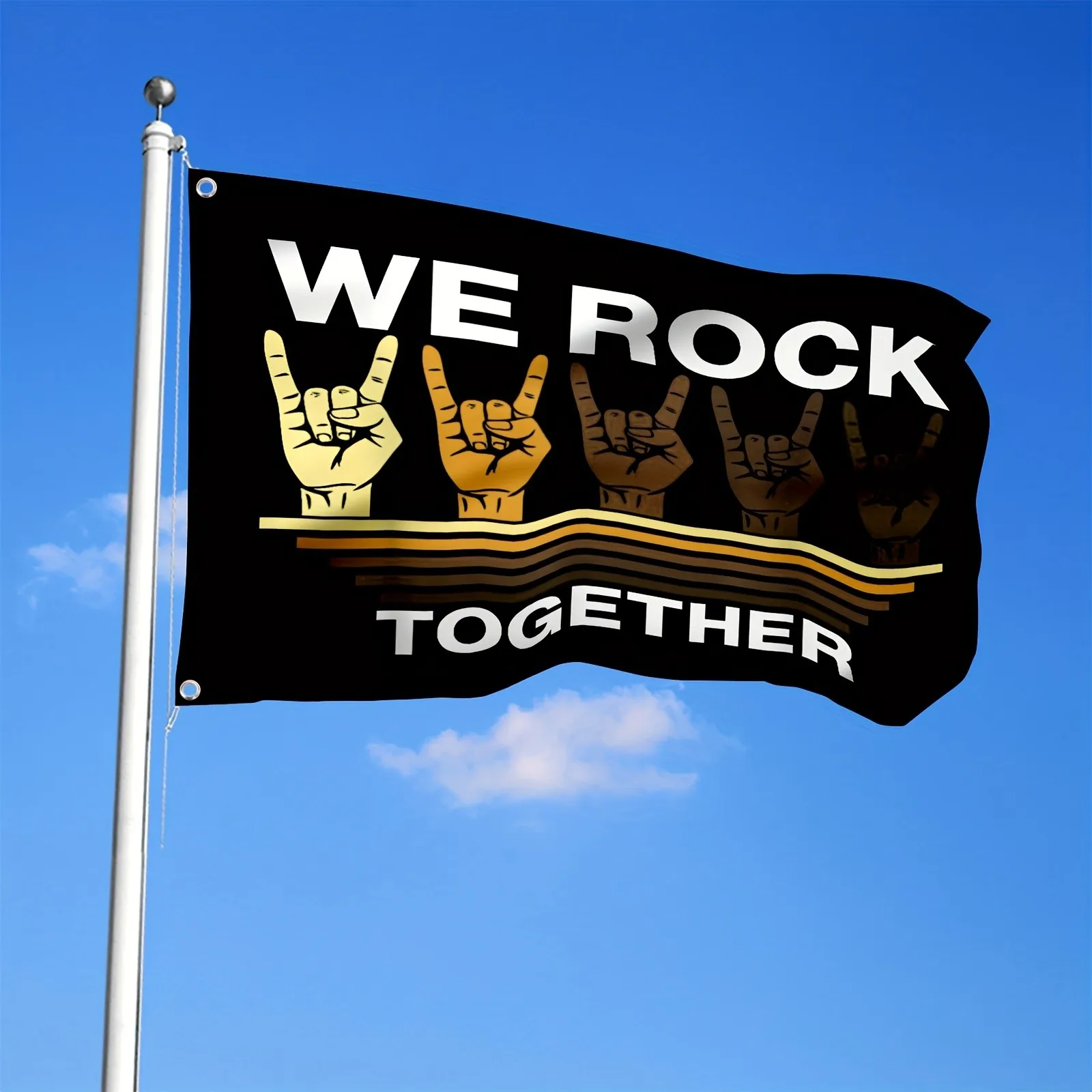 Drapeau en polyester avec signes de la main 'We Rock Together Unity', bannière vintage de musique rock pour l'extérieur et l'intérieur