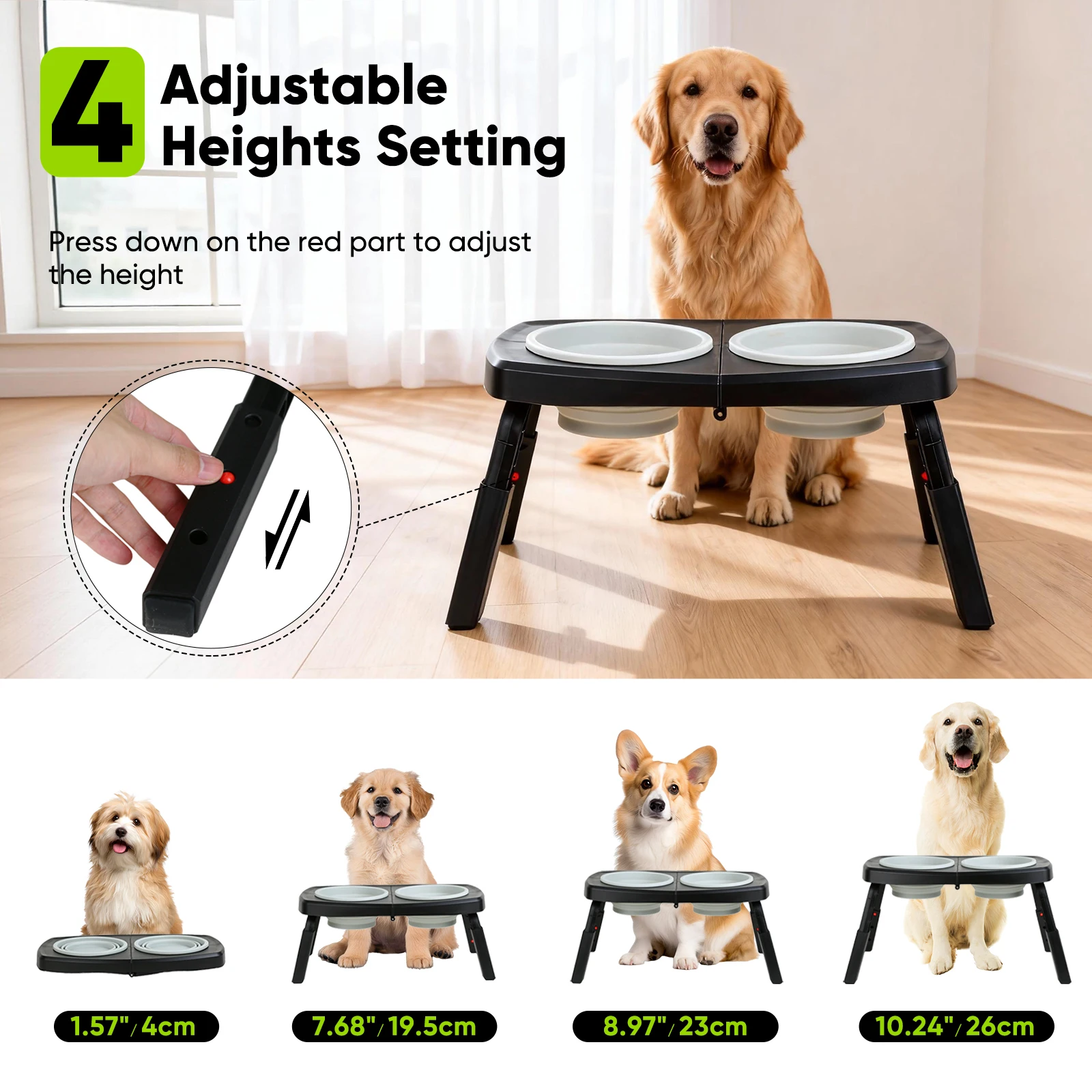 Click to see full view 2+   VIDEO Elevated Dog Bowls Stand, 3 Height Adjustable Raised Dog Bowl with Collapsibl