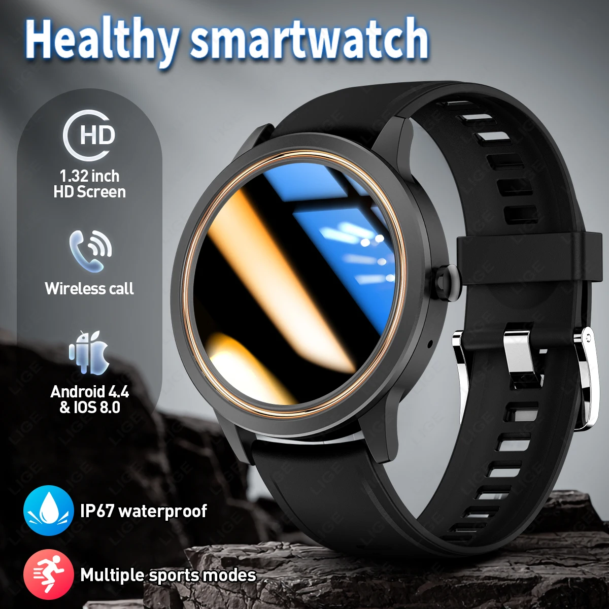 

LIGE Smart Watches Men Women Watch Bluetooth Call Heart Rate Monitor 1.32''HD Screen IP67 Waterproof Smartwatch for Android iOS