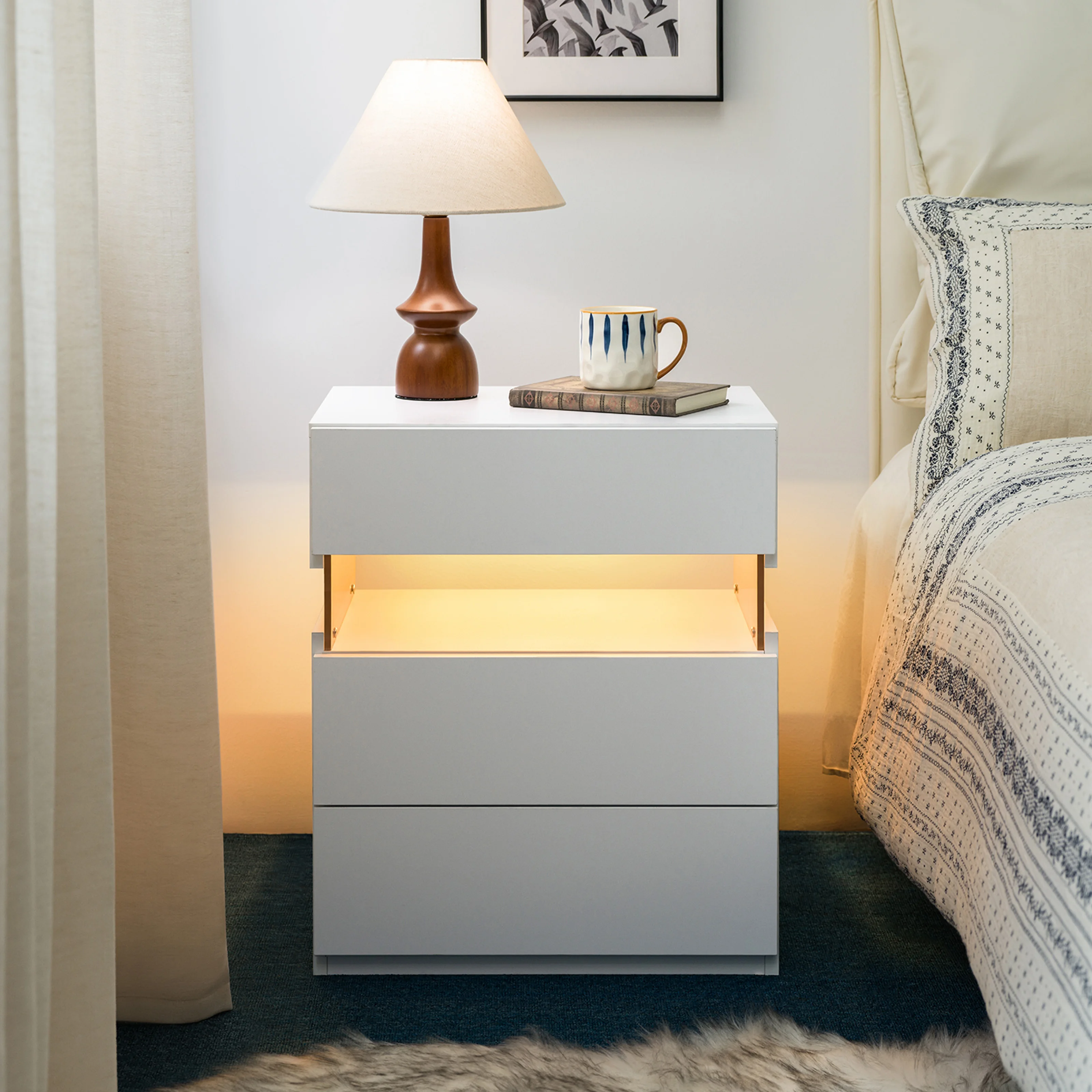 Modern LED Nightstands 3-Drawer Dresser Engineered Wood Panel Bedroom End Table Bedside Tables Living Room Furniture (White)