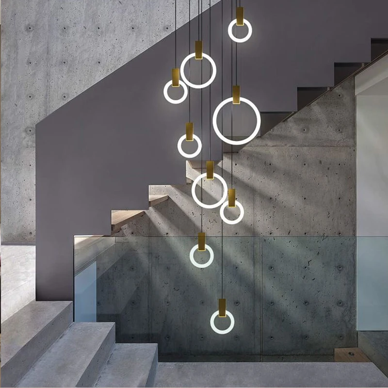 Modern Long Spiral Staircase Chandelier, Multi‑Circle Ring LED Pendant Light, High Ceiling Suspension Hanging Lamp for Villa