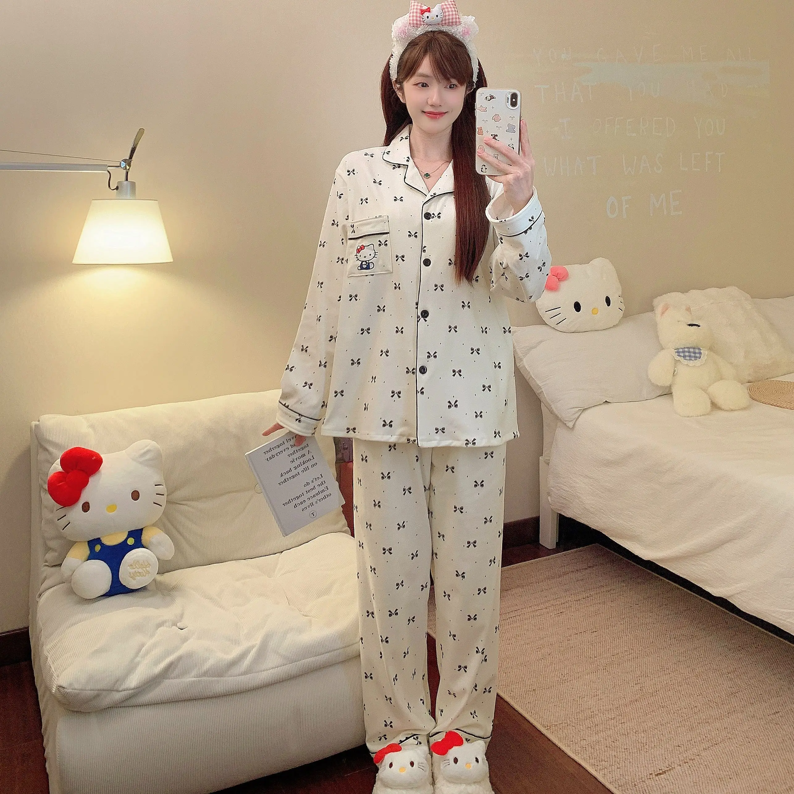 

Женский зимний пижамный комплект Hello Kitty 2025 с кардиганом Dralon, удобная одежда для сна с длинными рукавами и бантом, домашняя одежда для дома