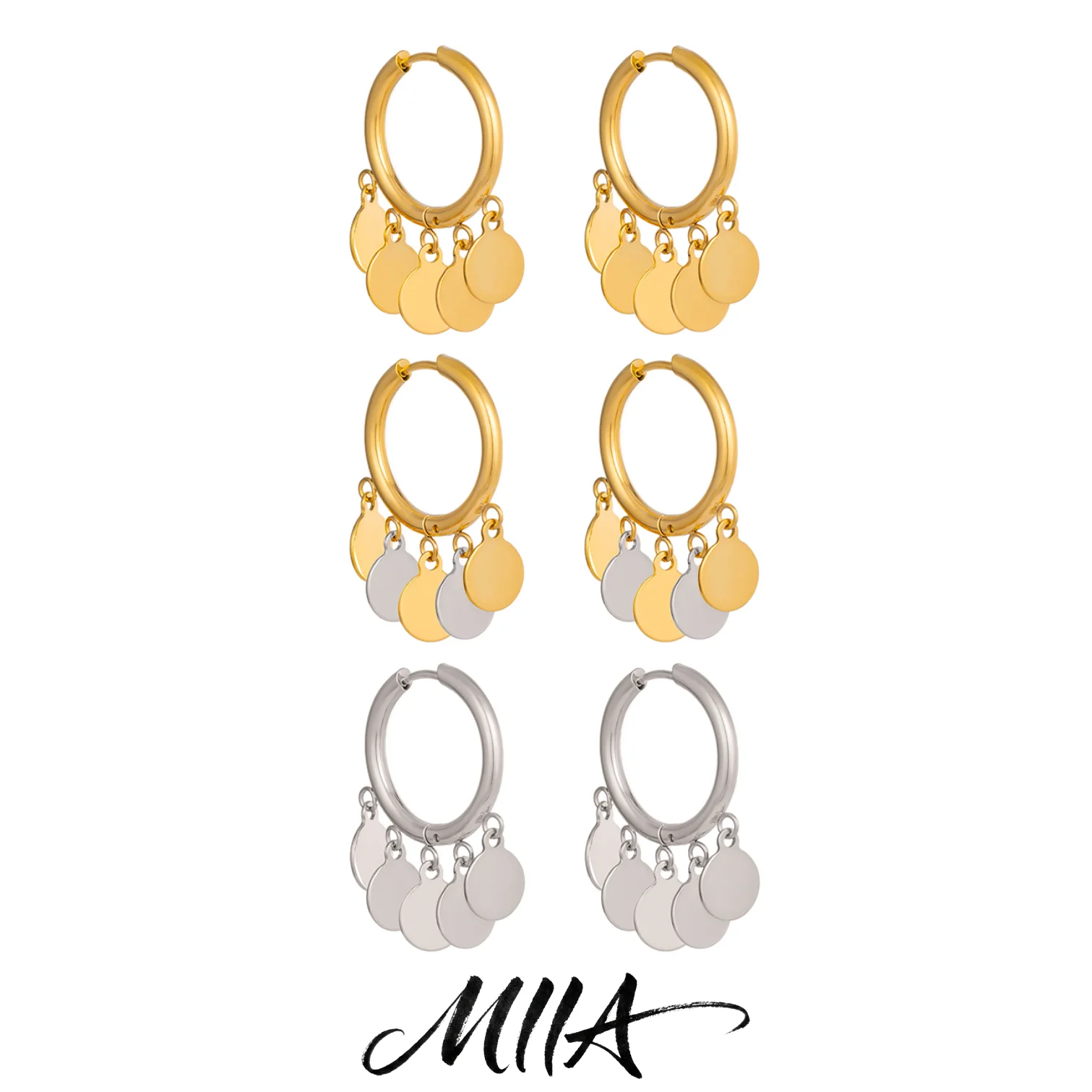 

Miia Shinning Round Slice Pendant Earrings 18K Gold Plated Stainless Steel Earrings for Women Elegant Charm Jewelry Wholesale