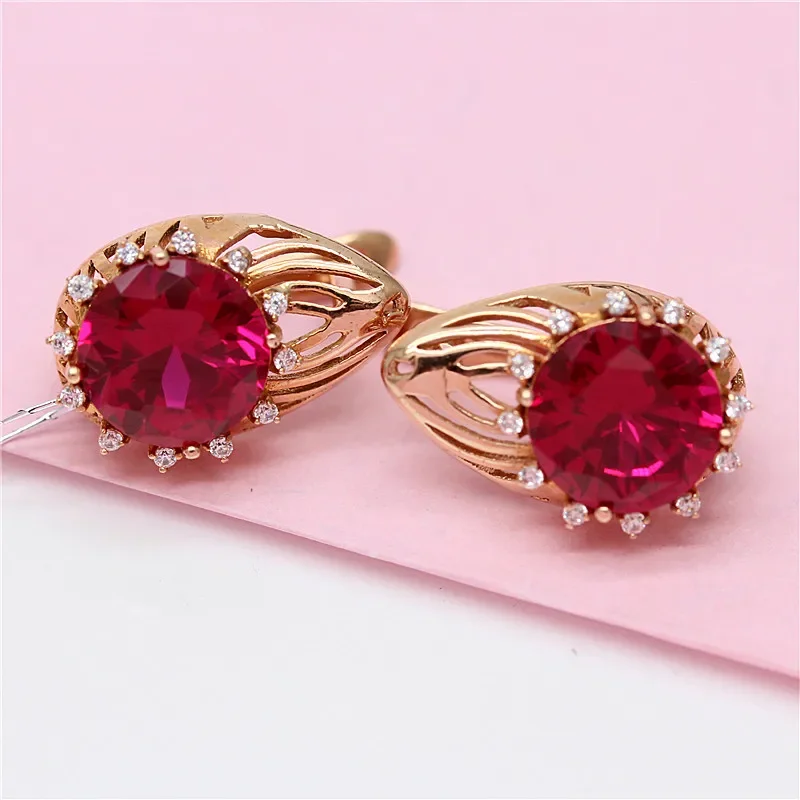 585 purple gold crystal ruby earrings for women luxury classic plated 14K rose gold ear buckle wedding jewelry for girlfriend