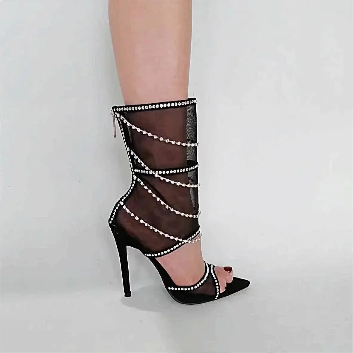 2024 Pointed Slim Heel Ultra-High Heel Back Zipper Black Mesh,Hot Diamond,Transparent Sexy Fashionable High Heel Cool Boots