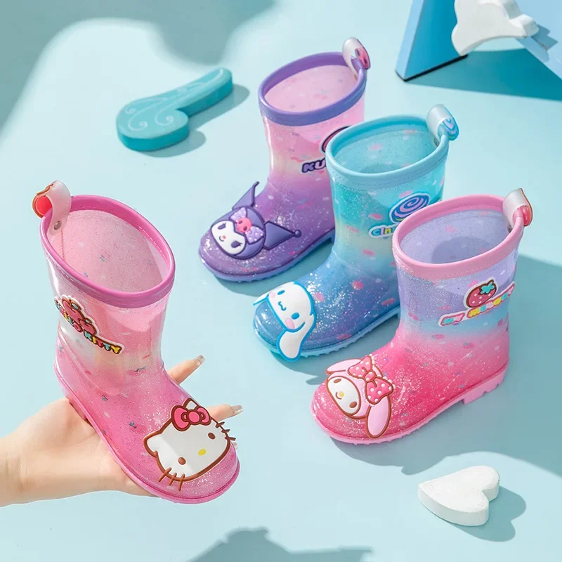 Sanrio Kids Rain Boots Cute Cartoon Girl Melody Kids Crystal Rain Boots Kuromi Melody Children\'s Cartoon Mid-calf boots
