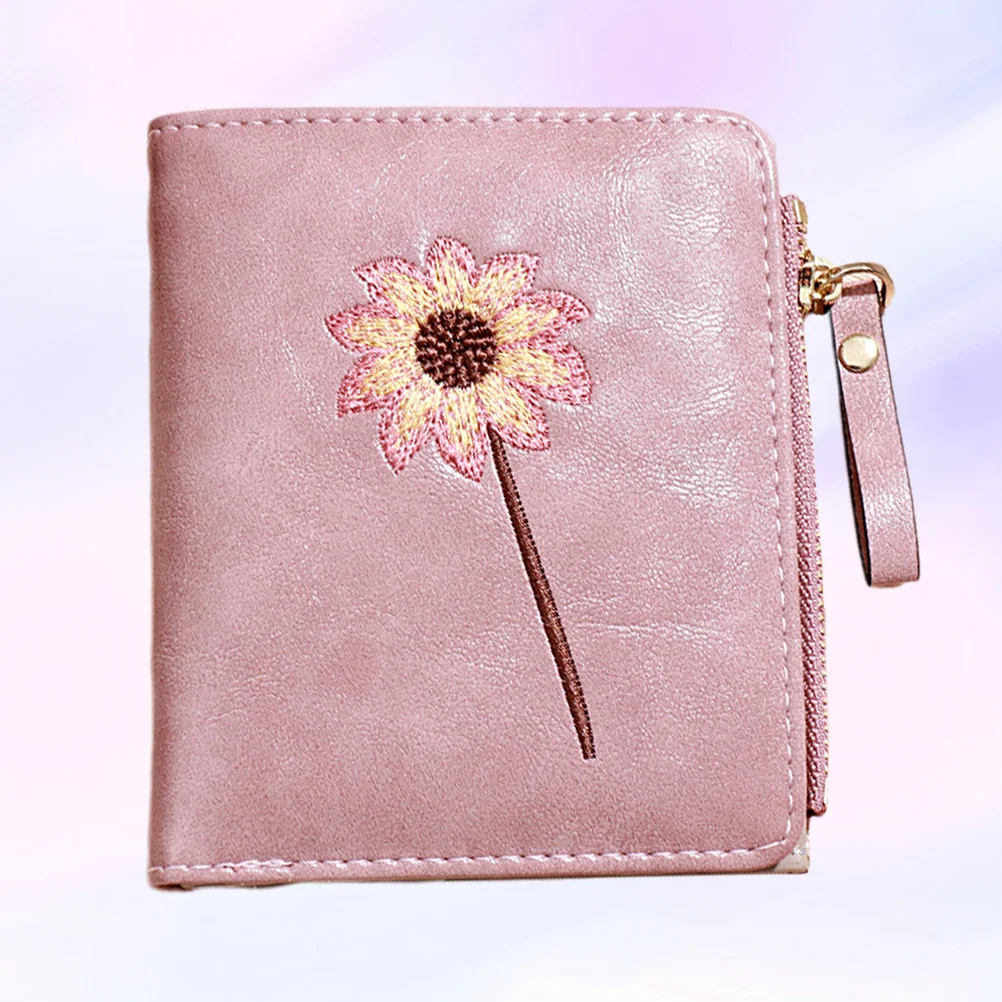 

Pink Flower Pattern Bifold PU Wallet Zipper Purse for Women Multi Card Cash Holder Compact Design Birthday Gift