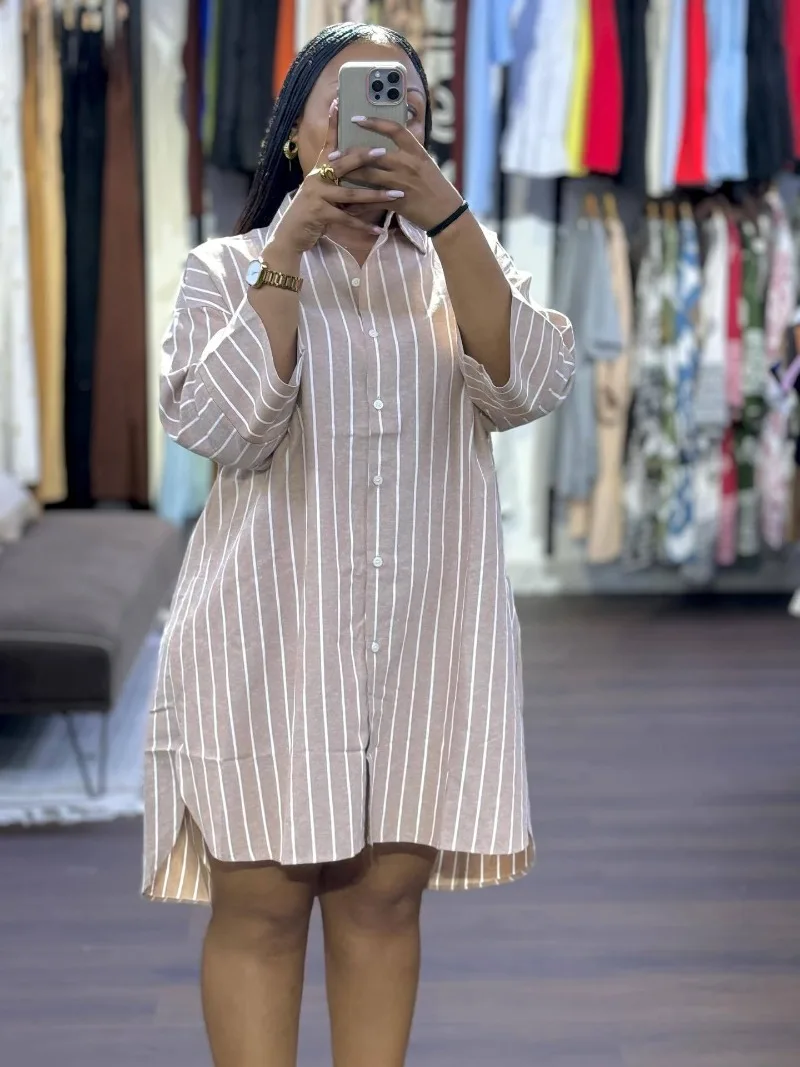Übergrößes gestreiftes Hemdkleid für afrikanische Frauen mit Revers, langen Ärmeln, seitlichem Schlitz, lockerem Midi-Blusenkleid, lässiges Sommeroutfit – Detail 20