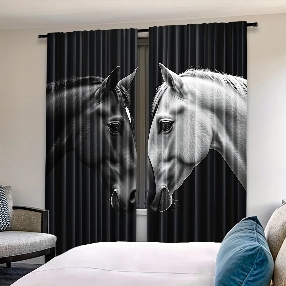 Blackout Curtains with Realistic Horse Head Print, Monochrome Equine Animal Window Drapes, Modern Farmhouse Bedroom Living Room