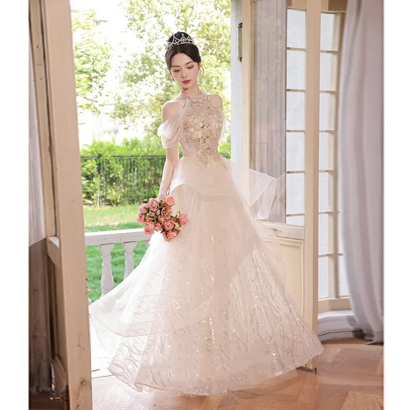 

New Neck Hanging Simple Fairy Champagne Engagement Evening Dress Fashionable Slimming Sweet Princess Super Fairy Banquet Dress