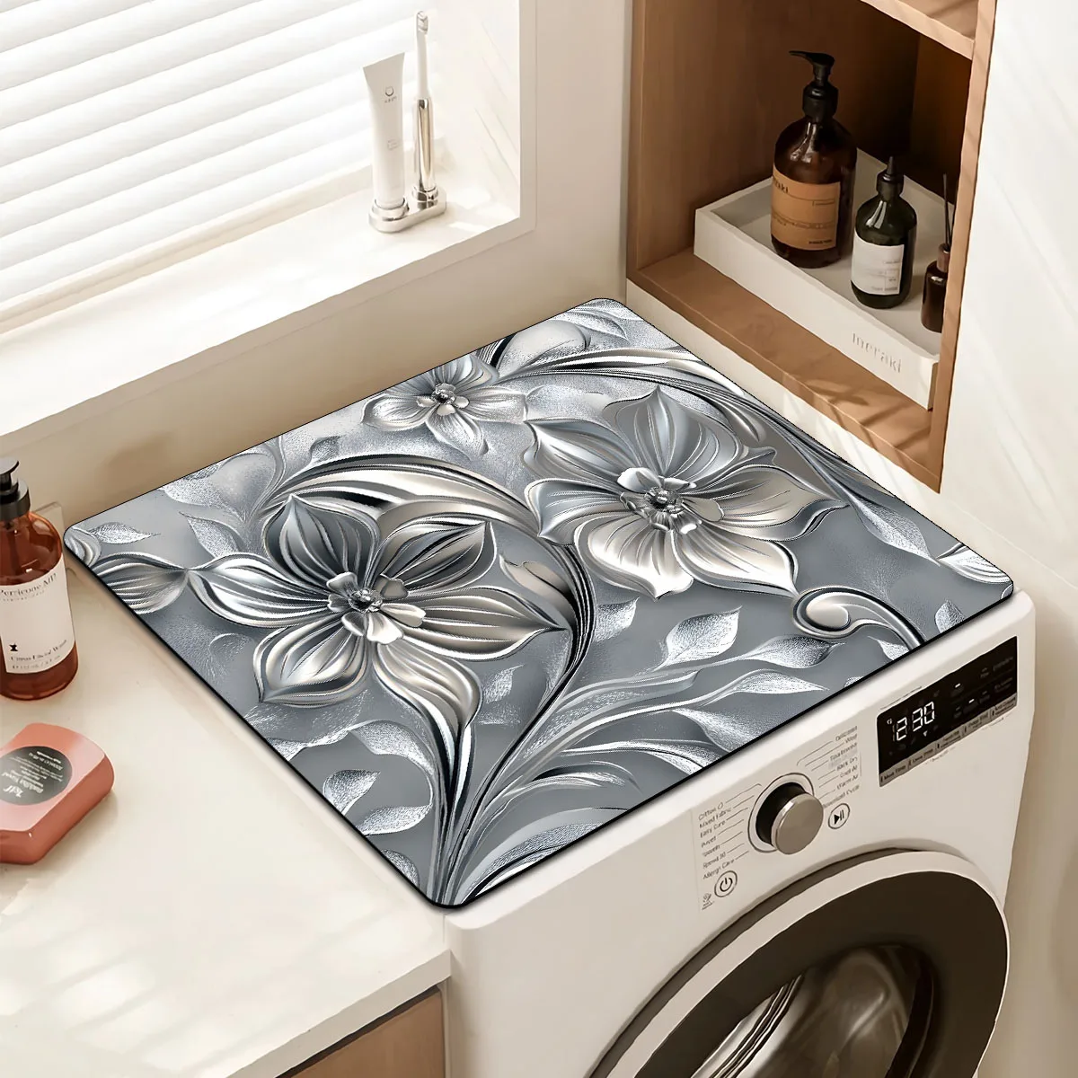 

1pc Modern Washing Machine Absorbent Mat - Vibrant Floral Design - Washing Machine Cover Mat, Laundry Room Decorative Mat