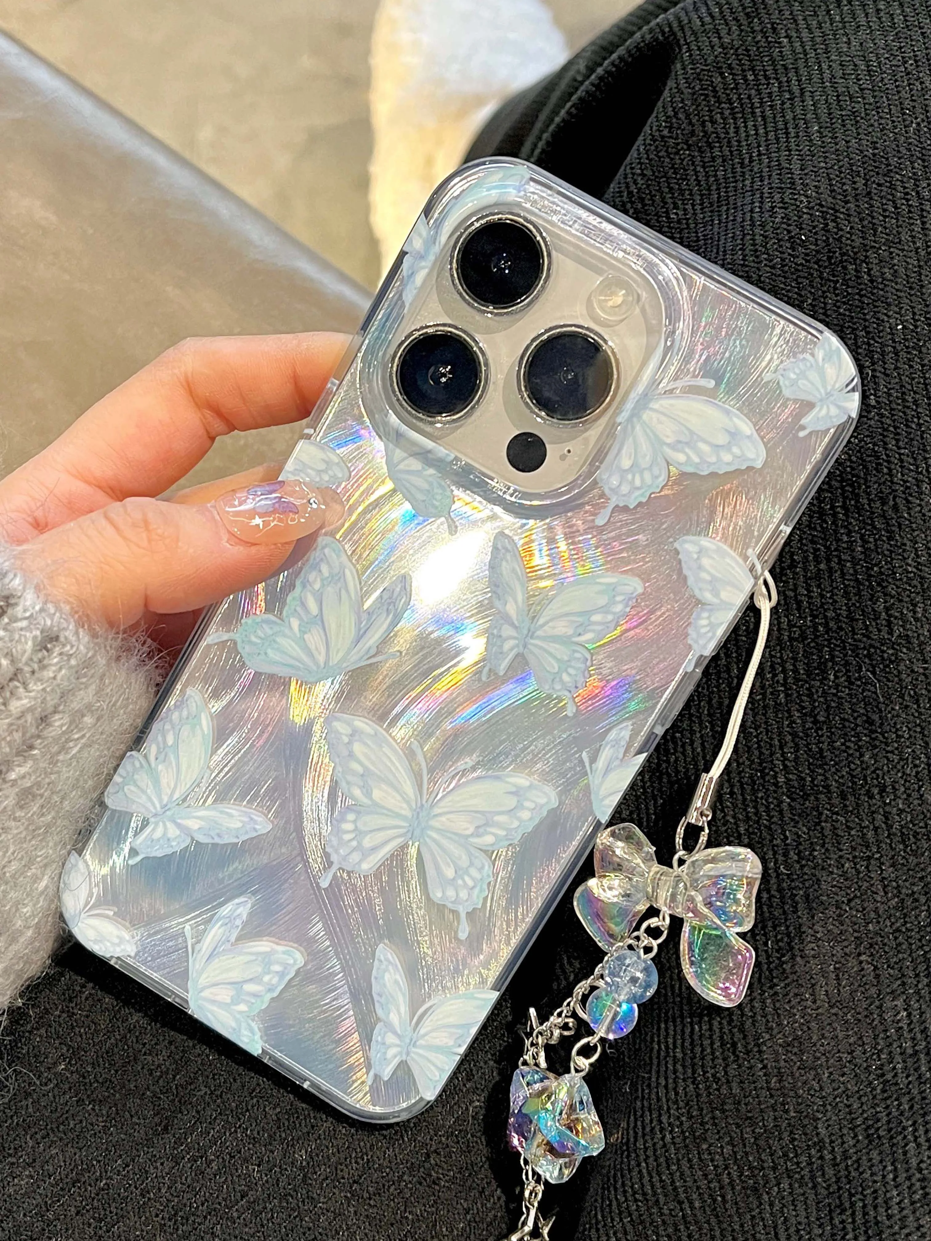 Blue relif shiny 3D butterfly pendant cute cartoon ins imd shell for iphone 13 12 promax 11 14 15 pro max phone case