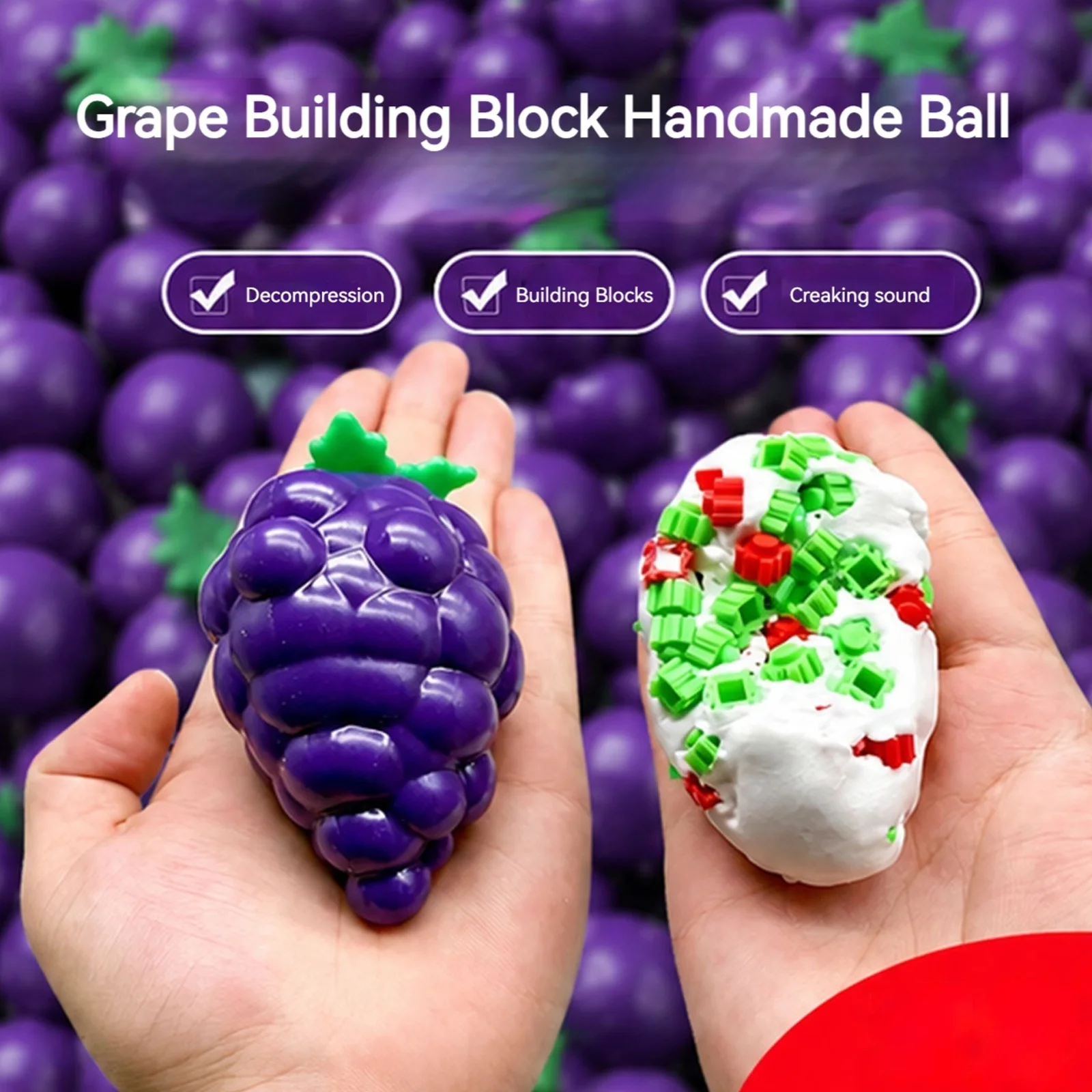 Slow Rising Sensory Pinch Ball Purple Grape Brick Surface Texture Squeeze Tension Relief Sensory Toy