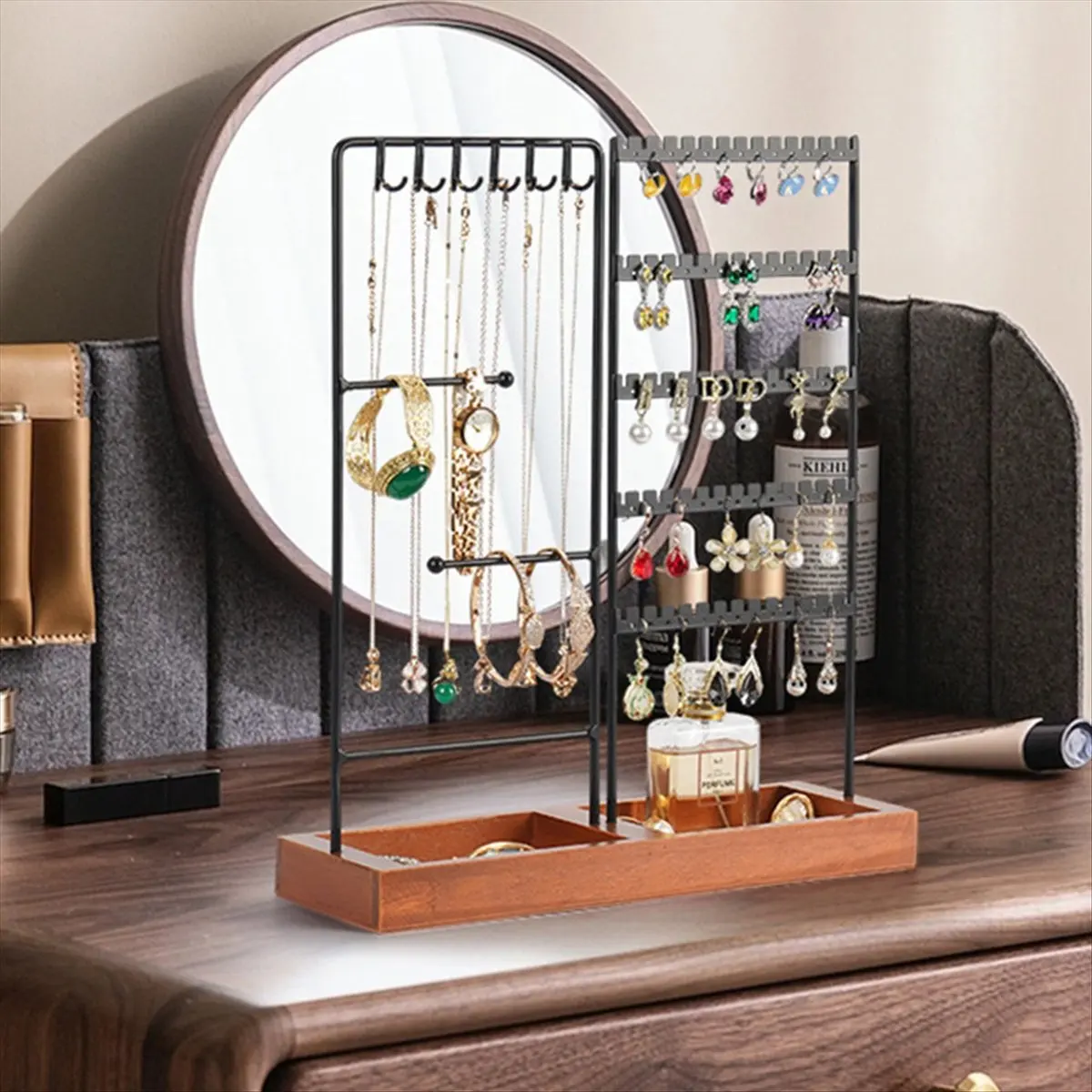 ABQR Earrings Hanger Iron Stand 5 Tier Earrings Rack with Wooden Base for Earrings Necklaces Bracelets Rings-White