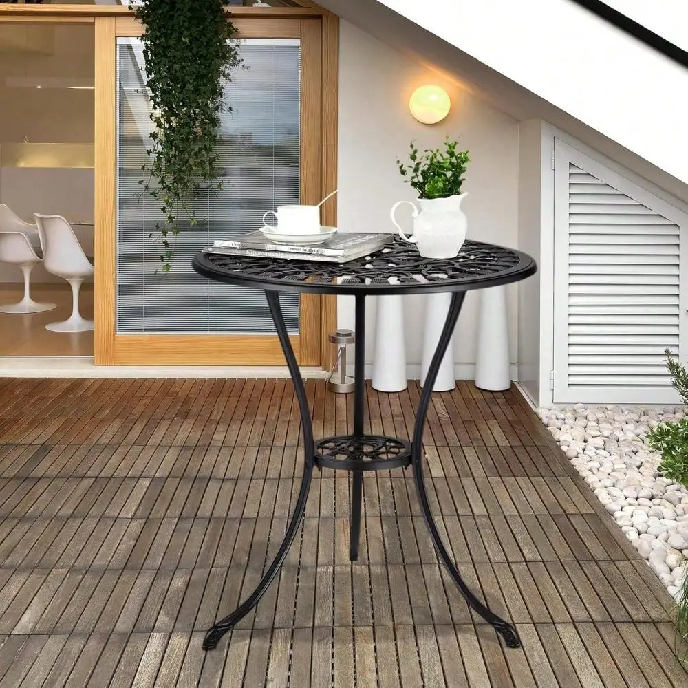 

23.6 Patio Dining Table, Cast Aluminum Patio Conversation Desk With Umbrella Hole, Round Outdoor Bistro Table, Antique Design S