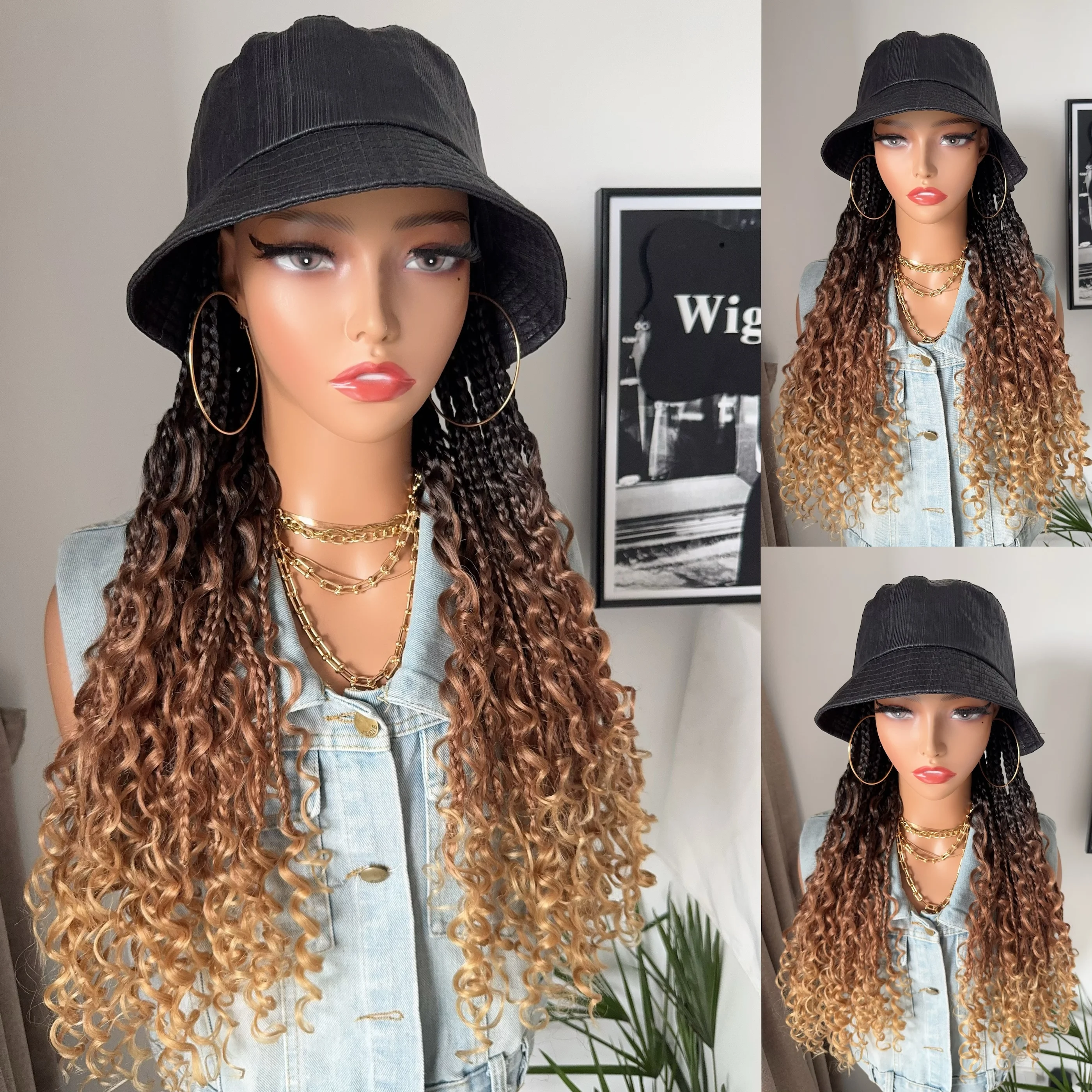 

WIGERA Synthetic Hat Wig Goddess Boho Box Braids With Curly Ends Ombre Braiding Bohemian Braids Hair Extensions With Bucket Hat