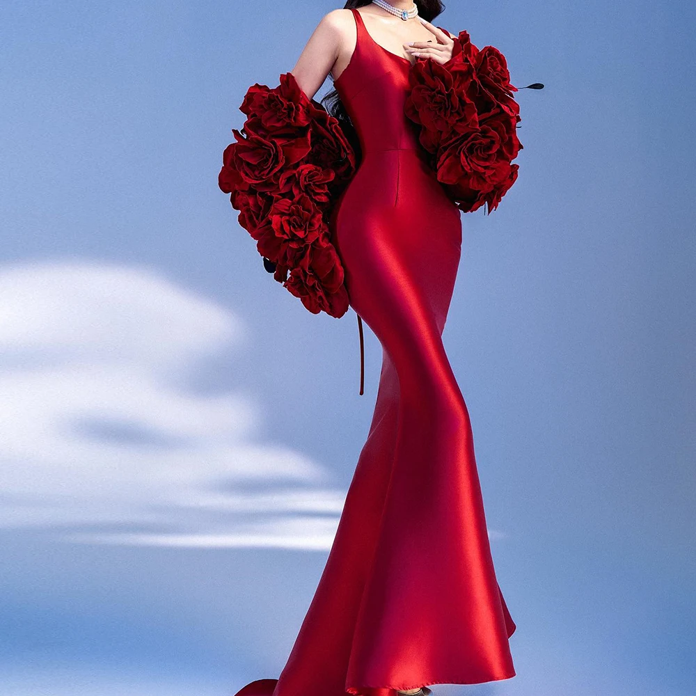 

CustomizedClassic Celebrity Dress Floor Length Straight Satin Half Sleeves Square Neck Pleats Solid Color Sweep Train Flowers Pa