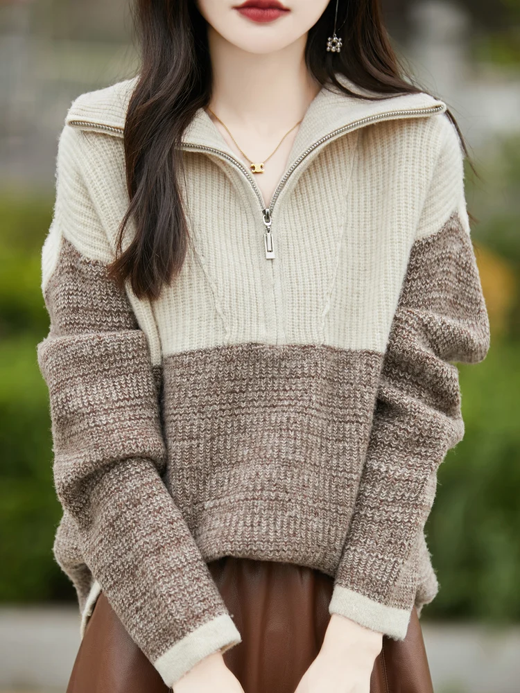 

100% Pure Wool Autumn And Winter New Style Thick And Lazy Temperament Style Half Zipper High Neck Lapel Color Blocked Sweater