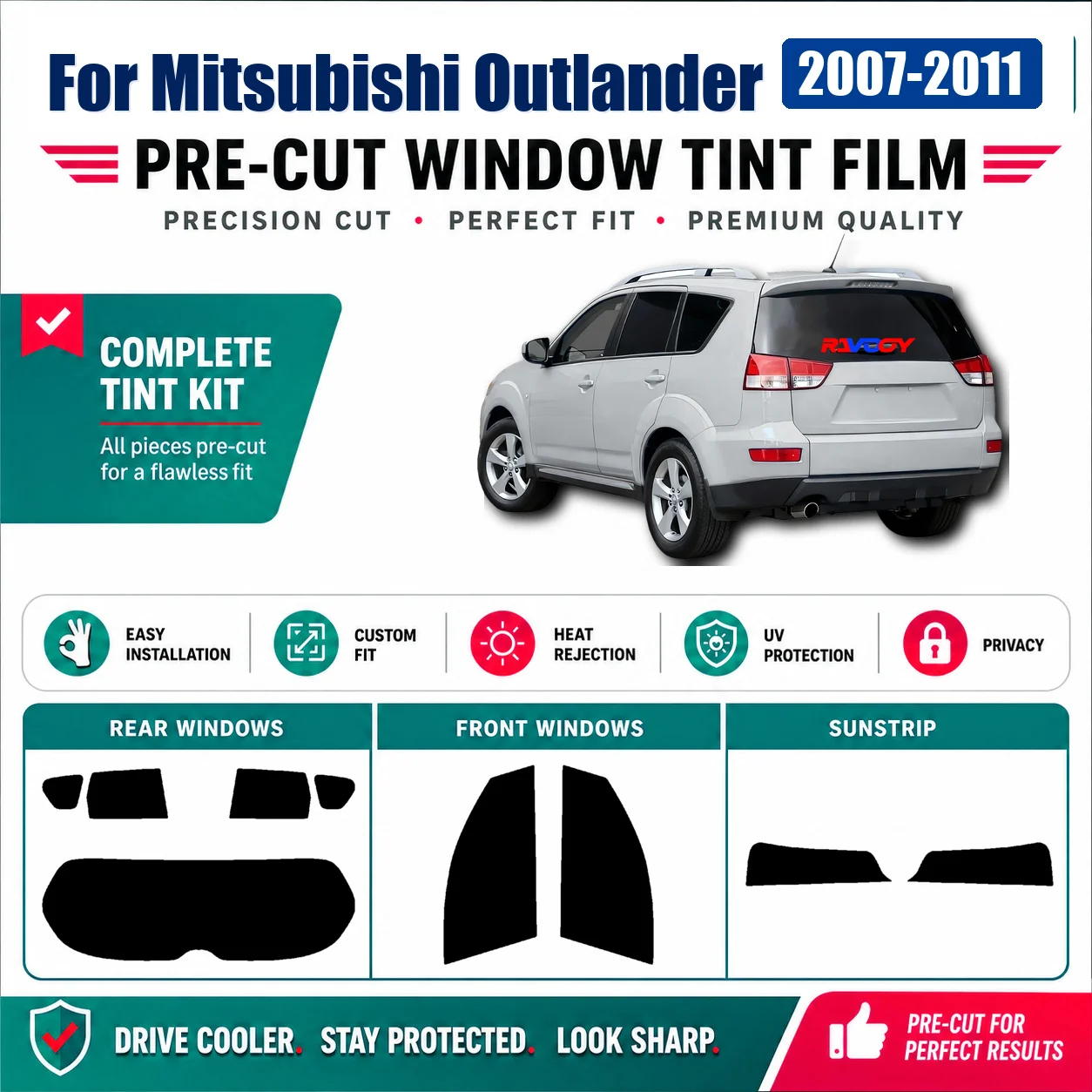 For Mitsubishi Outlander 2007-2011 Tailored Complete Window Privacy Tint Film Removable Reusable Film