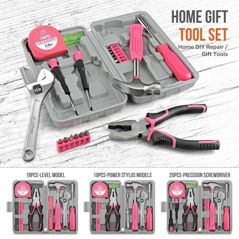 For Women & Car Care 18/19/20PCs Pink DIY Tool Kit with Electric Pen & CR-V Steel - Home Maintenance Hand Tools Set