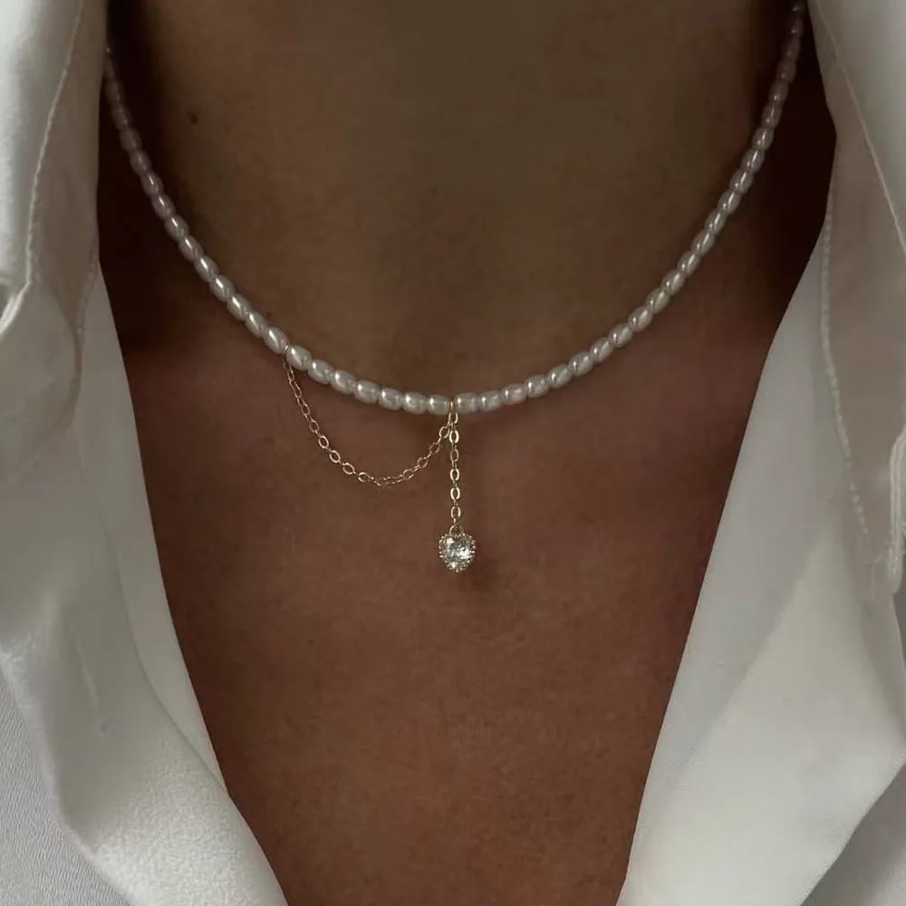 Fashion Crystal Red Heart &Chain Pendant Necklace For Women Boho Barlotte Imitation Pearl Chain Jewelry Valentine's Gift N0535 image 3