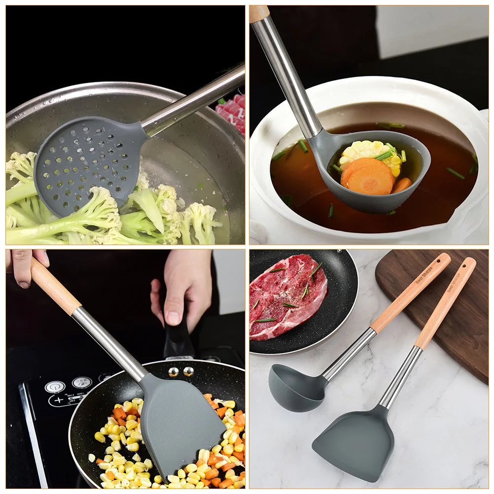 Kitchen Utensil Set Silicone and Wood Cooking Utensils Heat Resistant Storage Hanging Hole Kitchen Gadget for Home Cooking
