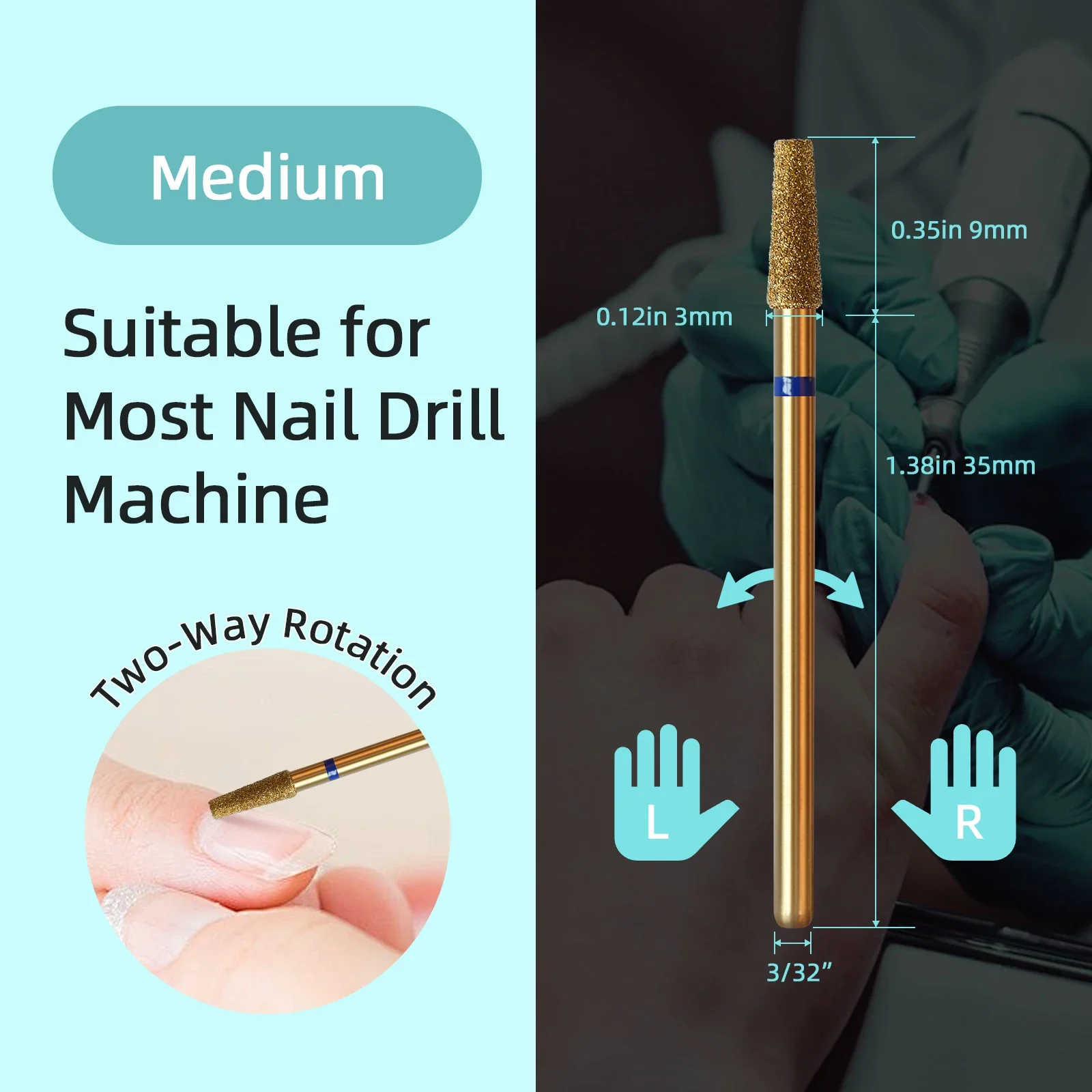 مثقاب أظافر تنظيف البشرة مدبب 3 مم من HYTOOS، لقم أظافر ماسية روسية من التيتانيوم ملحقات منظف الأظافر للبشرة الميتة