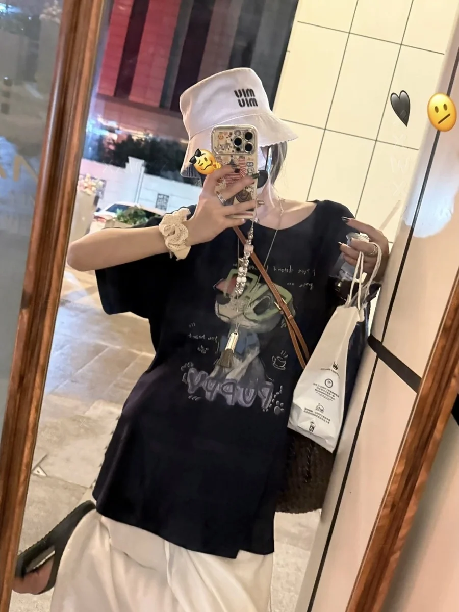 

Свободная летняя новая женская футболка с мультяшным принтом собаки или Све, корейская версия, креативный узор, Dongda Gate