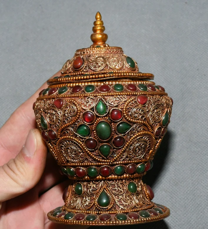 5'' Old Tibet Pure Copper Filigree Gilt Inlay Gems Flower Pattern Pot Jar Crock