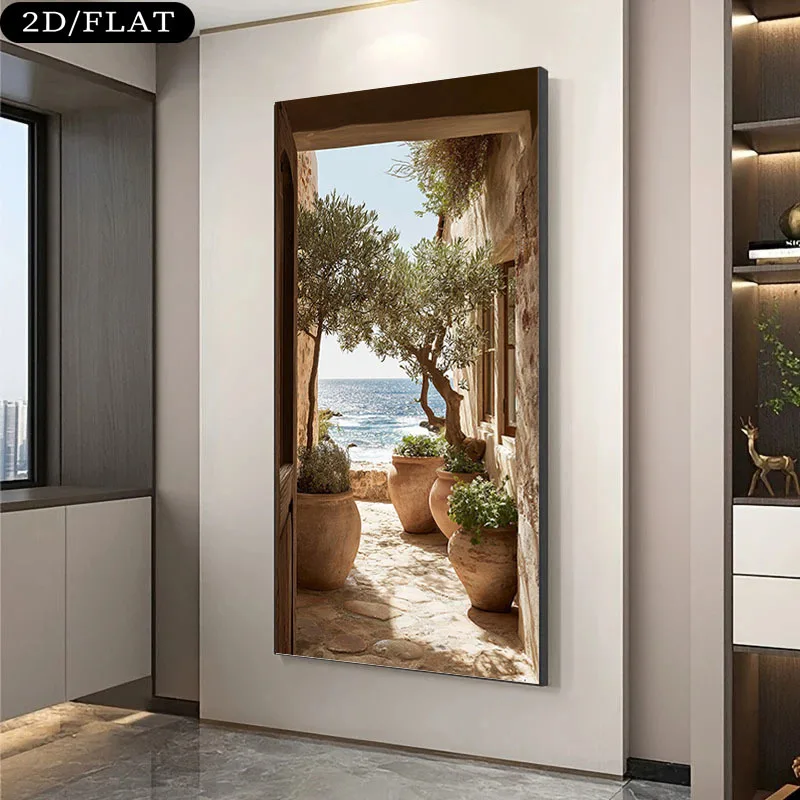2D Flat Large Modern Coastal Canvas Wall Art - Unframed Mediterranean Sea Olive Tree Landscape Prints for Living Room Decortions