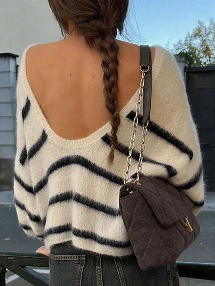 

Lady Autumn Winter New Commute Jumpers Sexy Backless V-neck Stripe Printed Knitted Pullovers Fashion Long Sleeve Loose Sweater