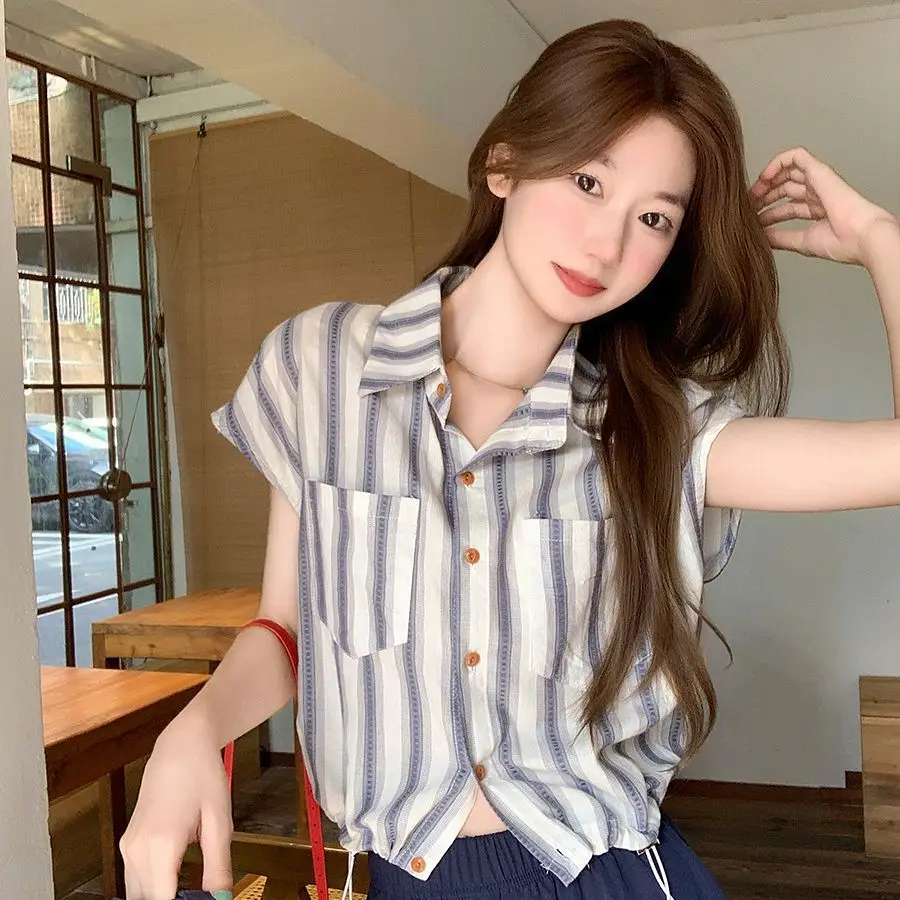 Kimotimo Women Color Block Striped Short Sleeve Shirt 2026 Summer New Loose Versatile Elegant Open Front Short Blouse