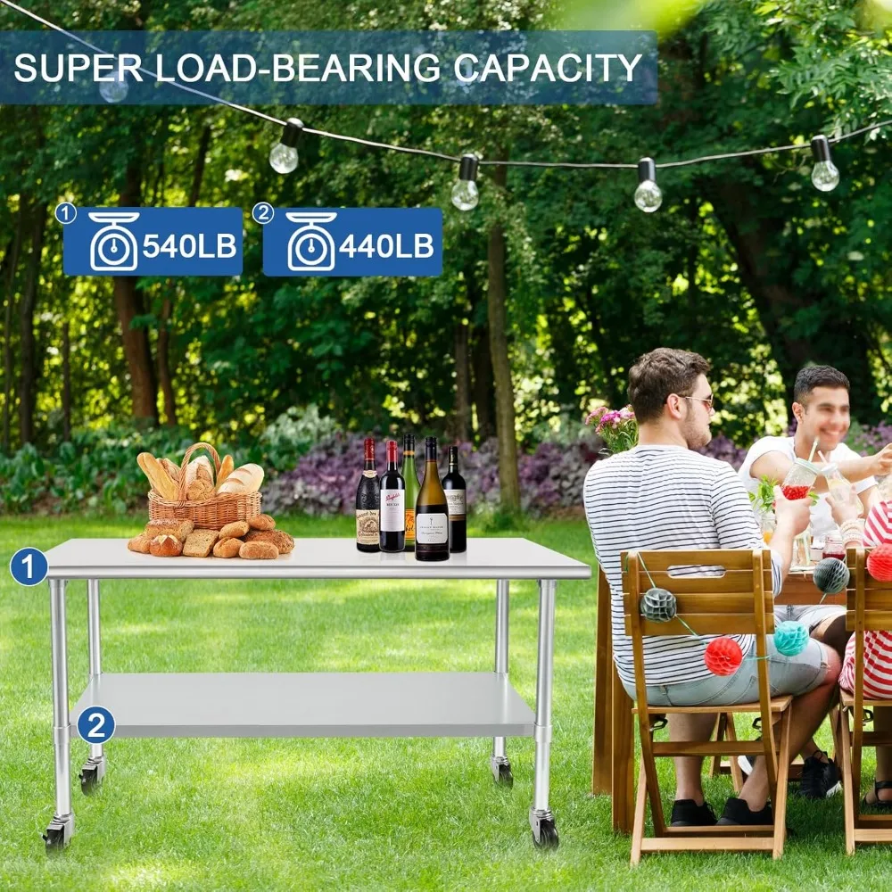 Stainless Steel Table with Wheels Casters Heavy Duty Commercial Work Table with Undershelf and Galvanized Legs for Restaurant