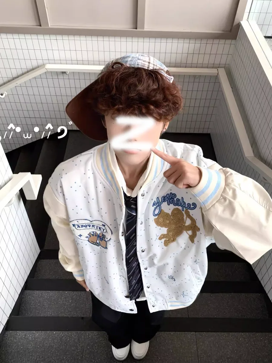 

Свободная американская бейсбольная куртка унисекс с вышивкой в виде сердца и в горошек, весенне-осенняя верхняя одежда из полиэстера